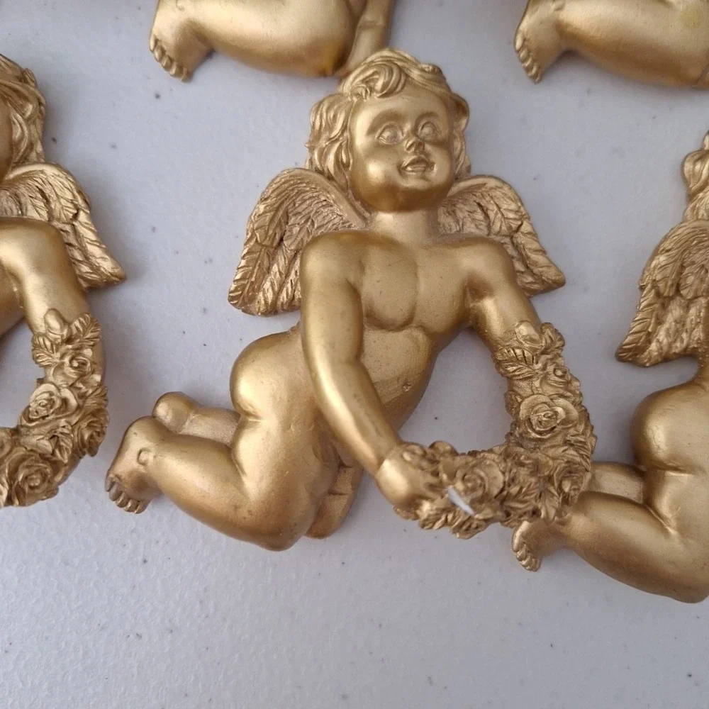 8 Ornate Resin Cherub Angel Napkin Ring Holders Gold Tone Painted Vintage HEAVY